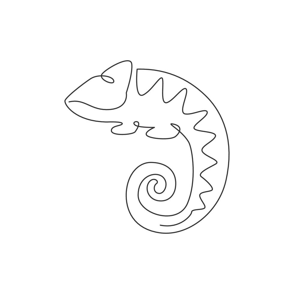 en kontinuerlig linjeteckning av skönhetskameleont med spiral svansmaskotkoncept för reptildjurälskarsamhälle. exotiskt reptildjur för företagets logotypidentitet. enkel linje rita design illustration vektor