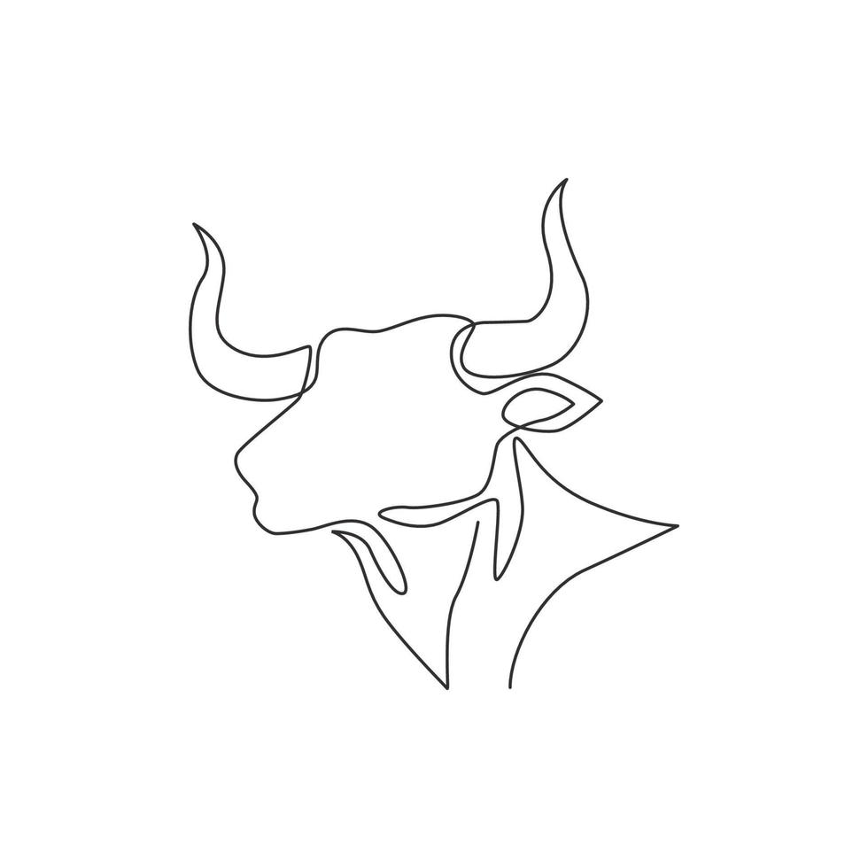 enda kontinuerlig linjeritning av eleganshuvudbuffel för multinationellt företags logotyp. lyxigt bull maskot koncept för matador show. trendiga en rad rita vektor grafisk design illustration