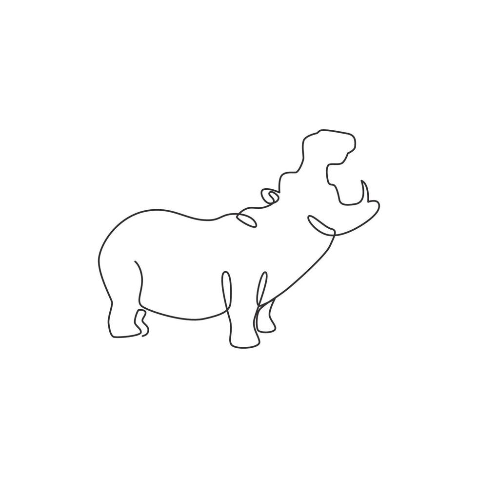 en kontinuerlig linjeritning av stor söt flodhäst för företagets logotypidentitet. enorma vilda flodhästdjurmaskotkoncept för national safari zoo. enkel rad rita grafisk vektor design illustration