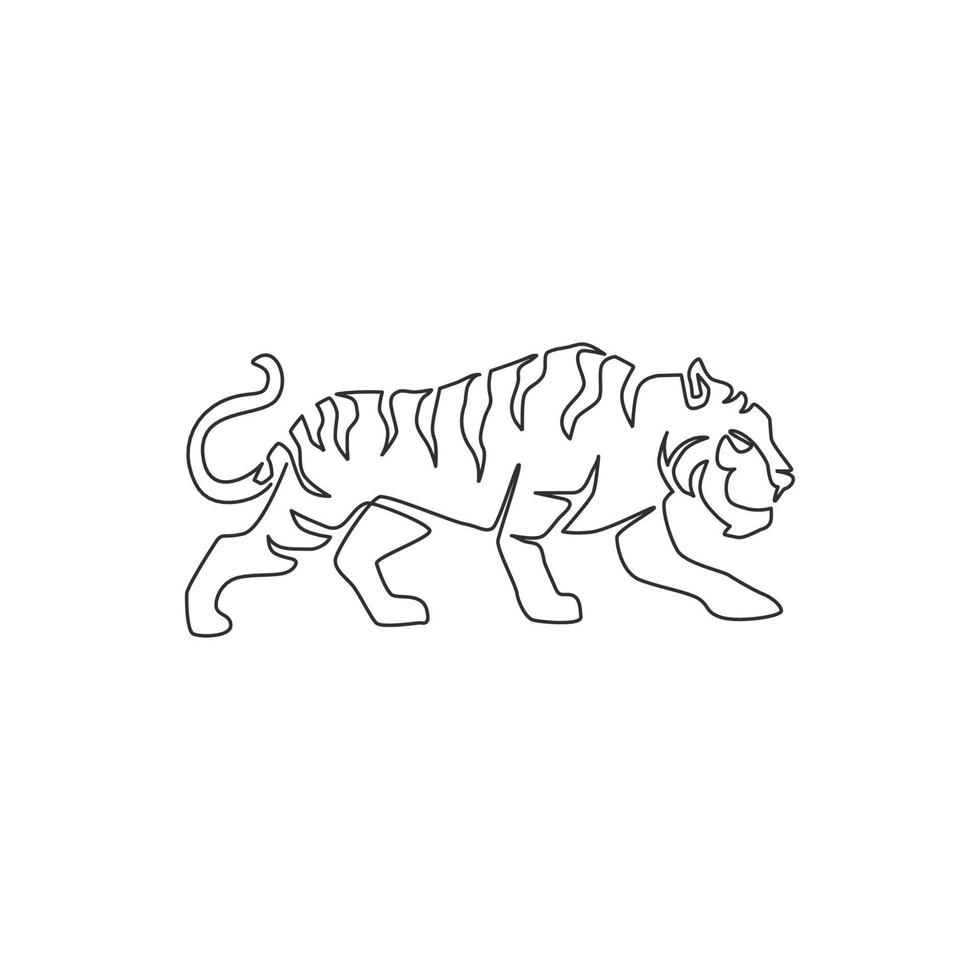 Eine einzige Strichzeichnung des wilden Sumatra-Tigers für die Firmenlogoidentität. Starkes Bengal-Großkatzen-Tiermaskottchenkonzept für den Nationalpark. Designillustration mit durchgehender Linie zeichnen vektor