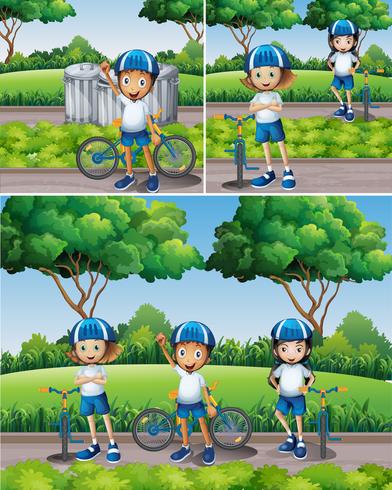 Jungen und Mädchen, die Fahrrad im Garten reiten vektor