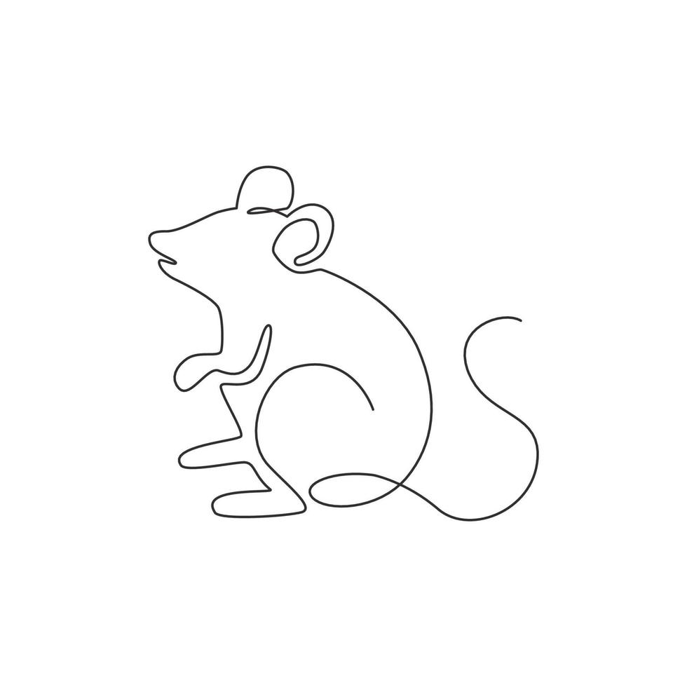 eine durchgehende Strichzeichnung einer süßen stehenden Maus für die Logoidentität. Lustiges Nagetier-Tier-Maskottchen-Konzept für das Symbol für die Schädlingsbekämpfung. trendige Single-Line-Draw-Design-Vektorgrafik-Illustration vektor