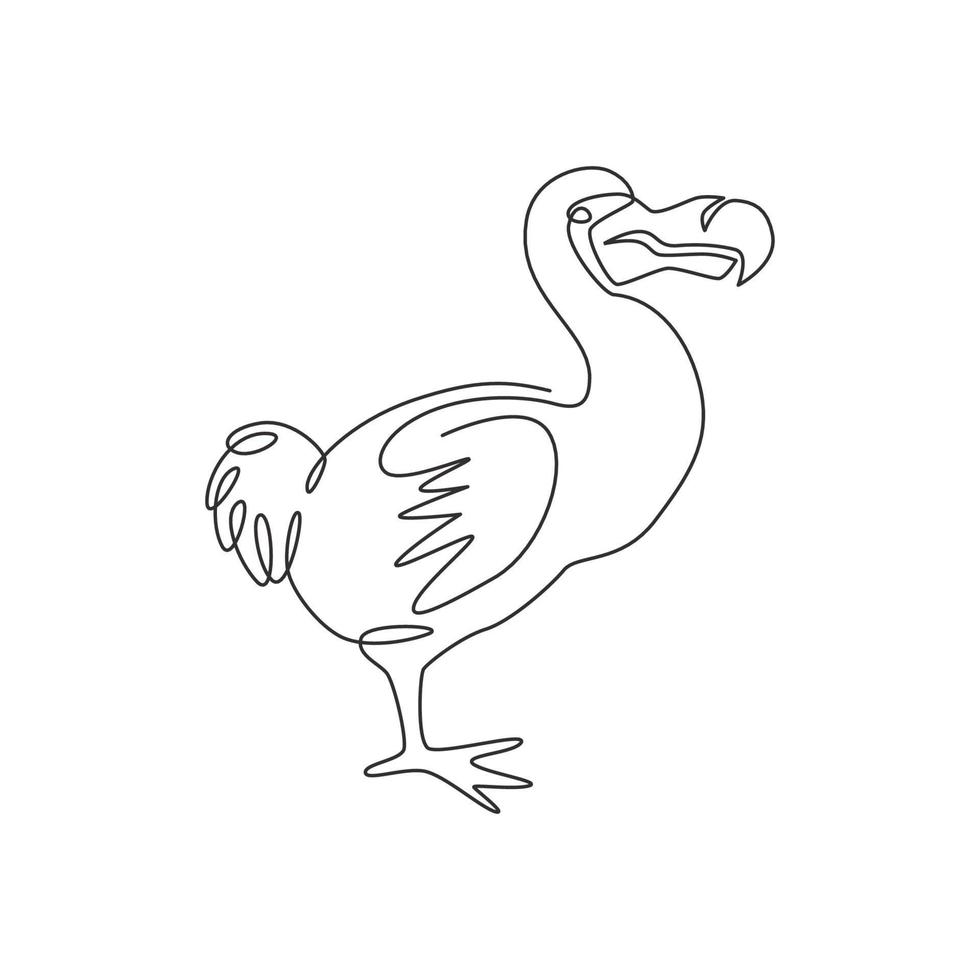 en kontinuerlig linjeteckning av söt rolig dodo-fågel för logotypidentitet. utdöd djur maskot koncept för museum zoo ikon. trendiga en rad rita design grafisk vektorillustration vektor