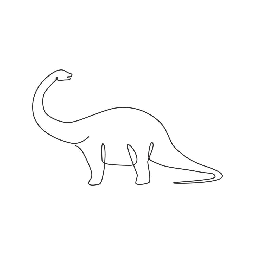 eine durchgehende Strichzeichnung eines riesigen Brontosaurus-Tier der Vorgeschichte mit langem Hals für die Logoidentität. Dinosaurier-Maskottchen-Konzept für das Symbol des prähistorischen Museums. Einzeilige Zeichnungsdesign-Vektorillustration vektor