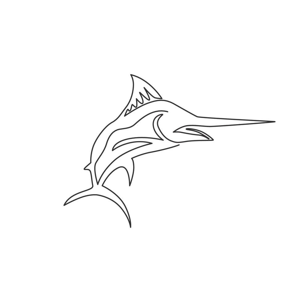 Eine einzige Strichzeichnung eines Riesenmarlins für die Logoidentität des Frischfleischunternehmens. Springender Schwertfisch-Maskottchen-Konzept für Meeresfrüchte kann Symbol. durchgehende Linie Grafik zeichnen Design-Vektor-Illustration vektor