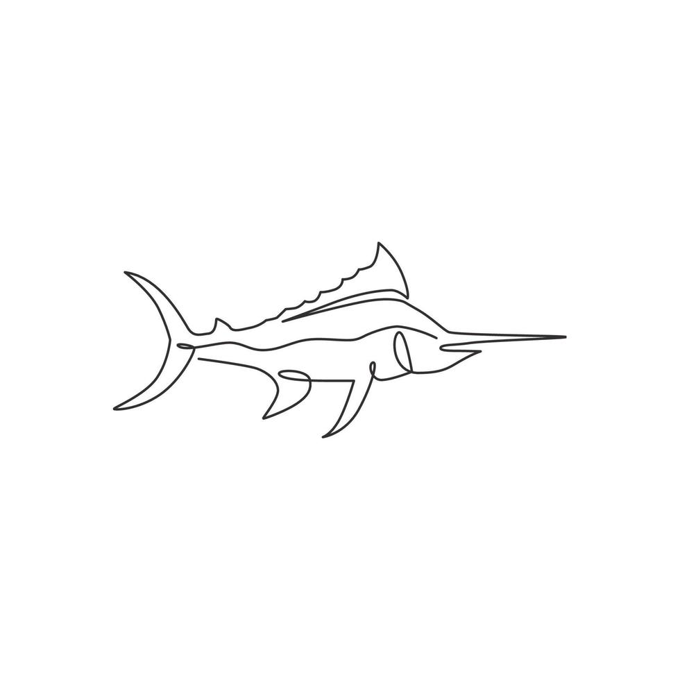 eine durchgehende Strichzeichnung eines großen wilden Marlins für die Logoidentität des Marineunternehmens. Schwimmendes Fischmaskottchenkonzept für das Angelwettbewerbssymbol. Single Line Draw Design Vector Illustration Grafik