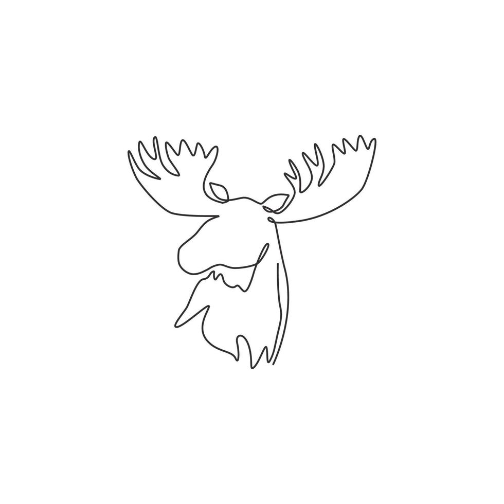 eine durchgehende Strichzeichnung eines galanten Elchkopfes für die Identität des Zoologos. Maskottchen-Konzept für das Symbol des Nationalparks. Einzeilige Grafikdesign-Vektorillustration zeichnen vektor