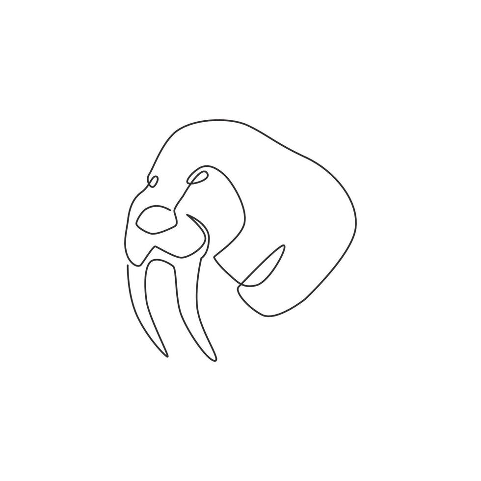 en enda linjeritning av ett stort valrosshuvud för företagets logotypidentitet. flippered marina däggdjur maskot koncept för nationella zoo ikon. modern kontinuerlig linje rita design grafisk vektorillustration vektor