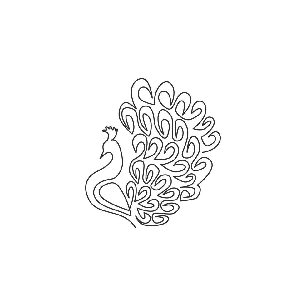 eine durchgehende Strichzeichnung von Schönheit entzückender Pfau für die Firmenlogoidentität. Großes hübsches Vogelmaskottchenkonzept für nationale Zooikone. moderne einzeilig zeichnende Design-Vektorgrafikillustration vektor