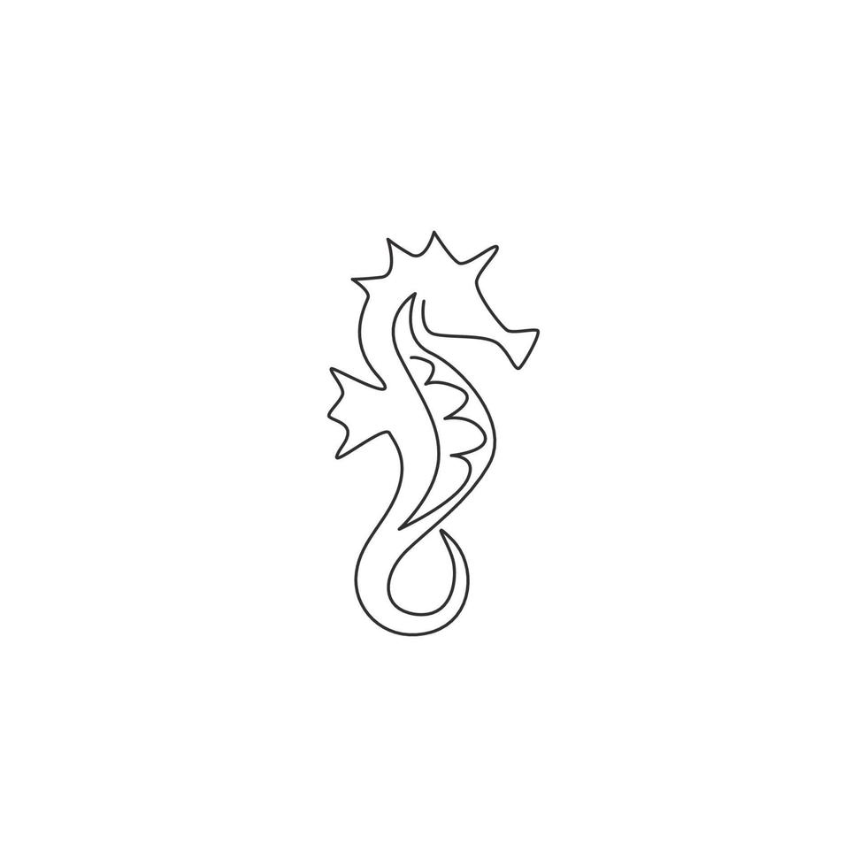 enda kontinuerlig linjeritning av sjöhäst för marin logotypidentitet. liten hippocampus djur maskot koncept för akvarium visa ikon. moderna en rad rita design vektorillustration vektor