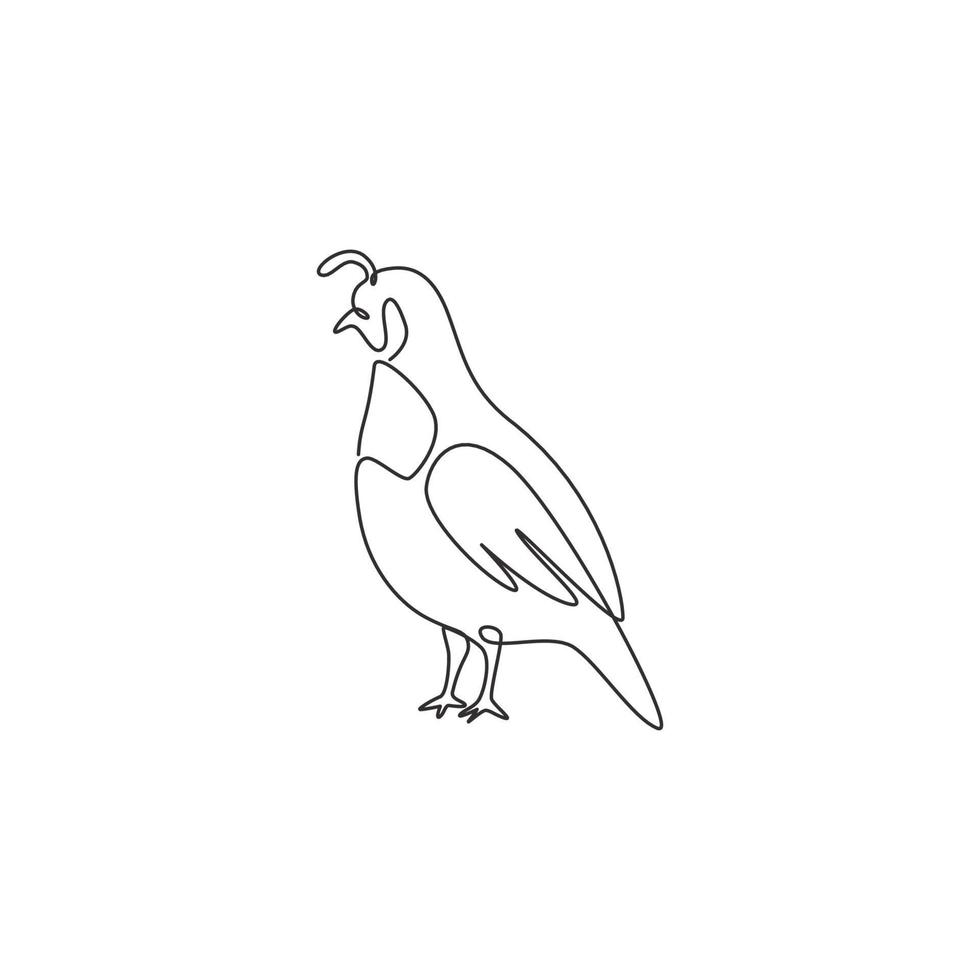 Eine einzige Strichzeichnung von entzückenden California Valley Wachteln für die Identität des Geflügellogos. Staubbad-Vogel-Maskottchen-Konzept für das Symbol des nationalen Zoos. moderne durchgehende Linie zeichnen Design-Vektor-Illustration vektor