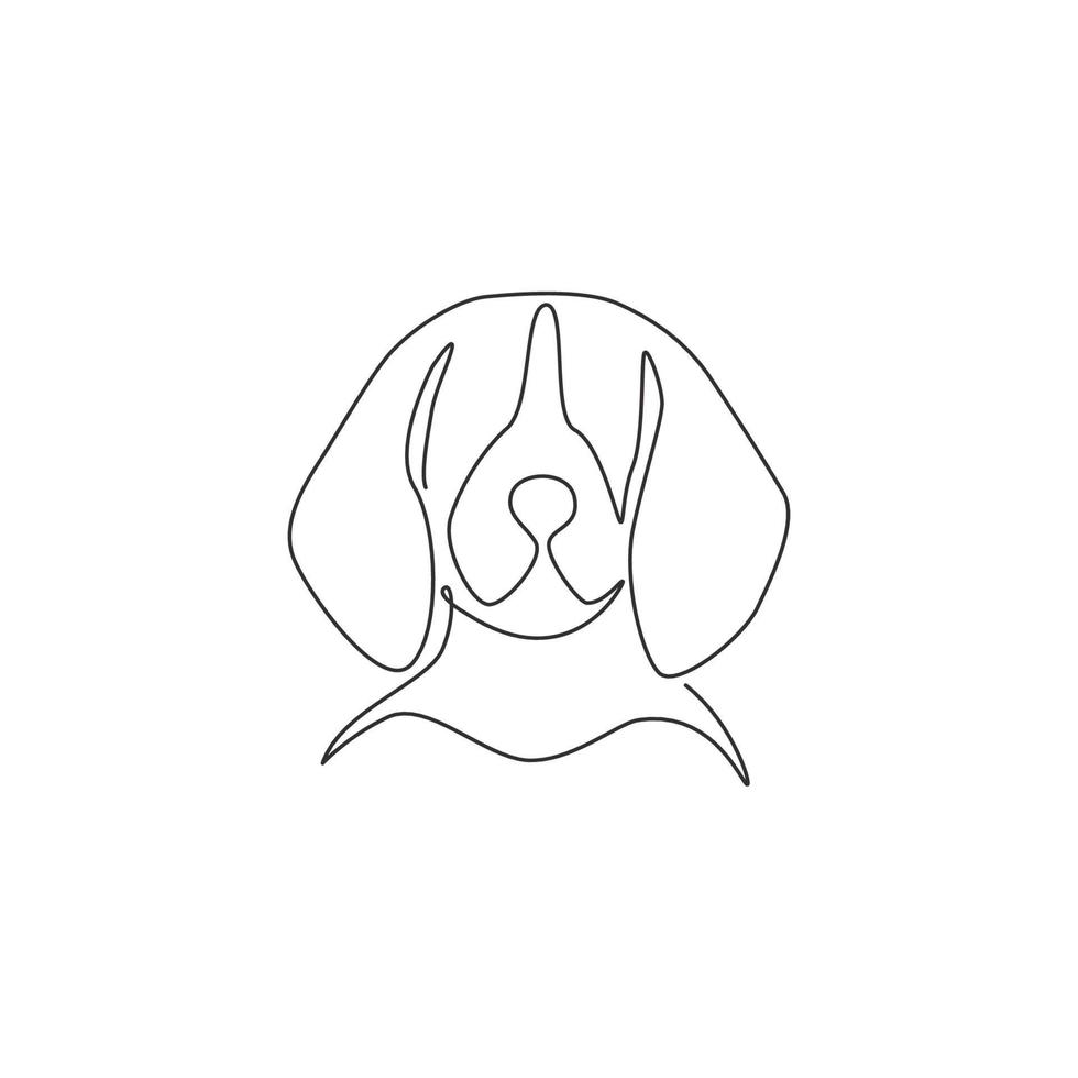 enda kontinuerlig linjeteckning av bedårande beaglehundhuvud för företagets logotypidentitet. renrasig hundmaskotkoncept för stamtavlavänlig husdjursikon. moderna en rad rita design vektorillustration vektor