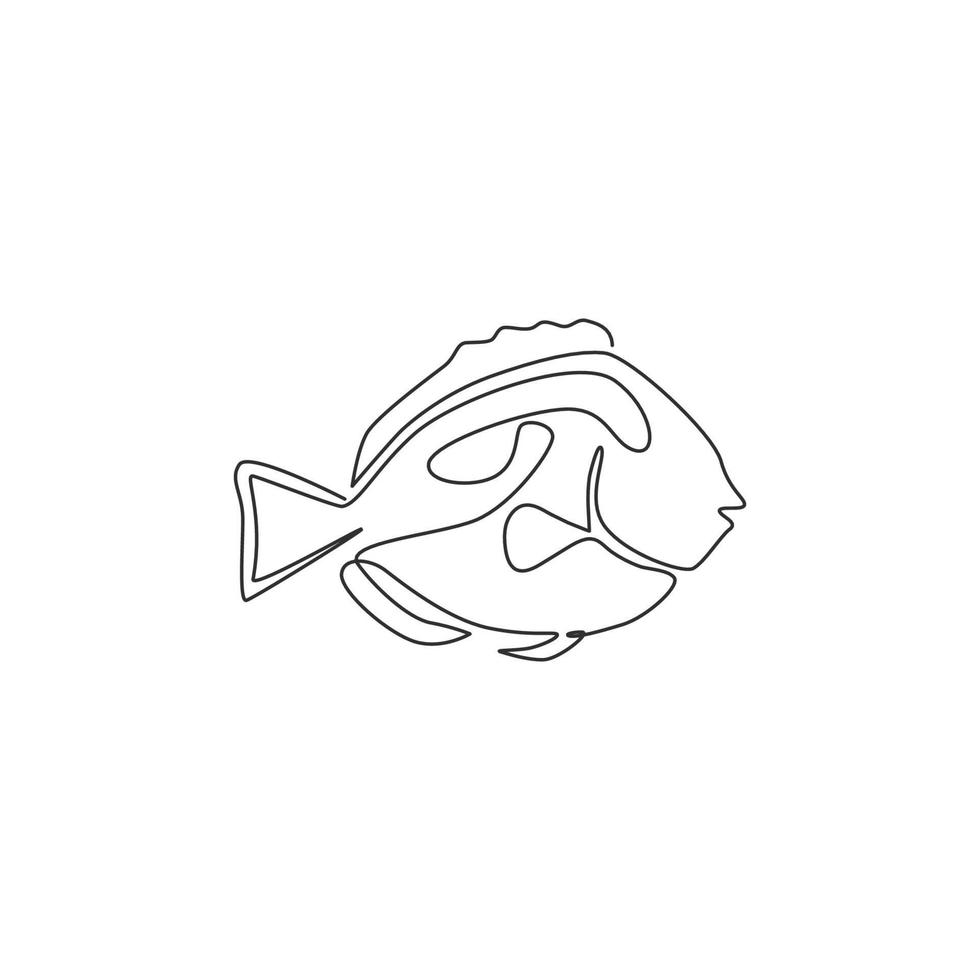 Single One-Line-Zeichnung von lustigen blauen Tang-Fischen für die Logo-Identität des Wasserunternehmens. Schönheits-Doktorfisch-Maskottchen-Konzept für Aquarium-Show-Symbol. moderne durchgehende Linie zeichnen Design-Vektor-Illustration vektor