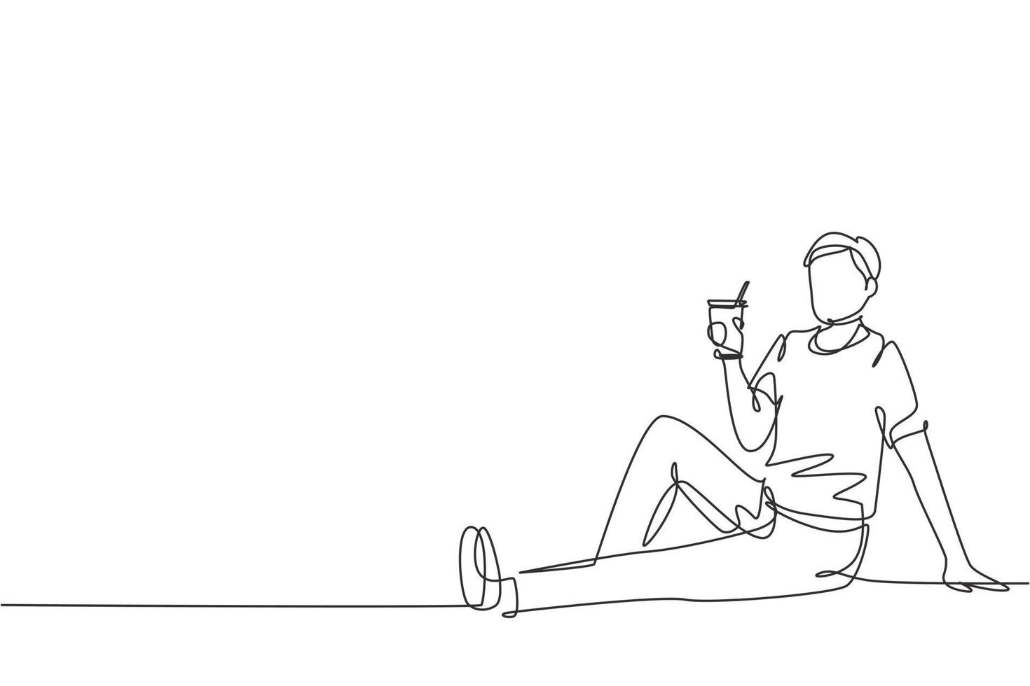 Kontinuierliche einzeilige Zeichnung junger Mann, der entspannt im Park sitzt und eine Tasse heißen Kaffee und eine frische Naturlandschaft genießt. glückliches Lifestyle-Konzept. Einzeilige Zeichnung Design Vektorgrafik Illustration vektor
