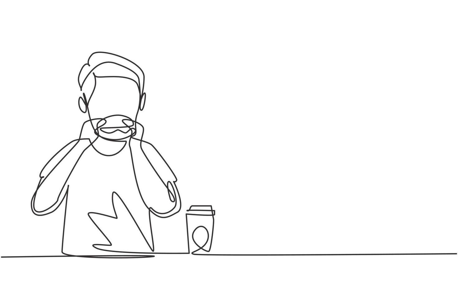 Single-Line-Zeichnung kleiner Junge mit Hamburger-Essen mit Händen um den Tisch. Genießen Sie und ein glückliches Mittagessen, wenn Sie hungrig sind. leckeres Fastfood. moderne durchgehende Linie zeichnen Design-Grafik-Vektor-Illustration vektor