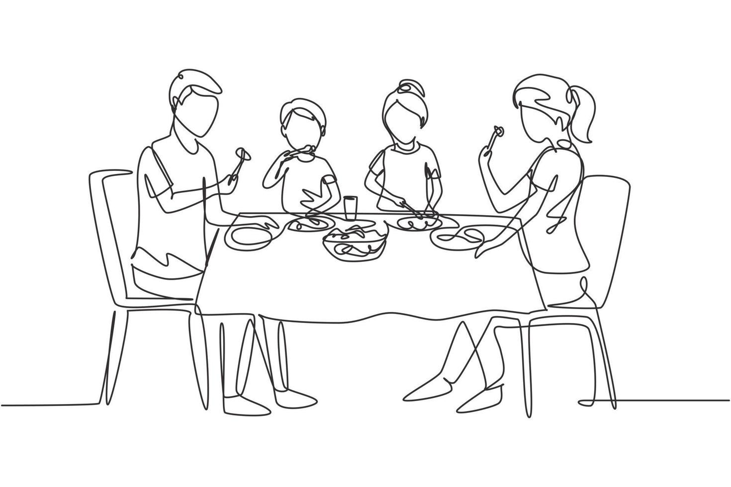 kontinuerlig en rad ritning diner föräldrar och barn tillsammans. familjen äter runt köksbordet. glad pappa, mamma och barn som sitter och äter. enda rad rita design vektorgrafisk illustration vektor