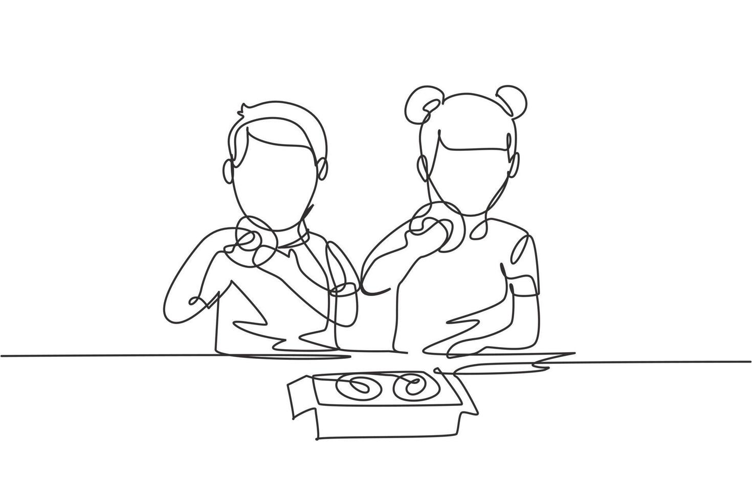 kontinuerlig en rad ritning två pojkar och flickor med munkar måltid med handen runt bordet. glad och njut av frukosten hemma. välsmakande och hälsosam mat. enda rad rita design vektorgrafisk illustration vektor