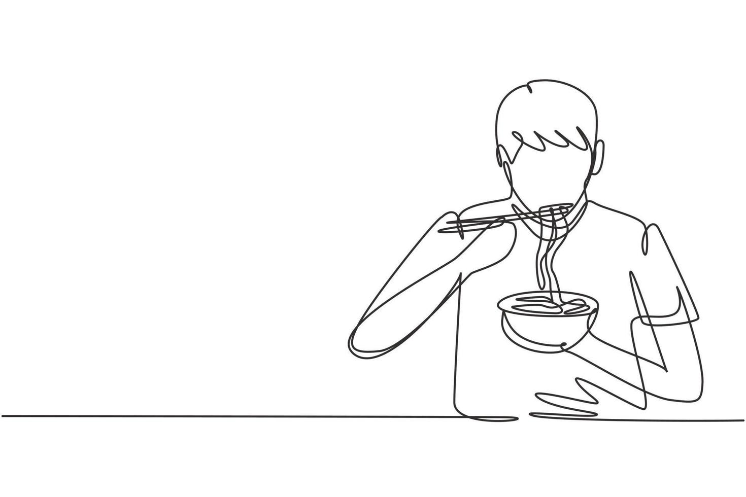 enda kontinuerlig linjeteckning ung man med nudlar måltid med pinnar runt bordet. njut av lunch när du är hungrig. utsökt och hälsosam mat. dynamisk en rad rita grafisk design vektorillustration vektor