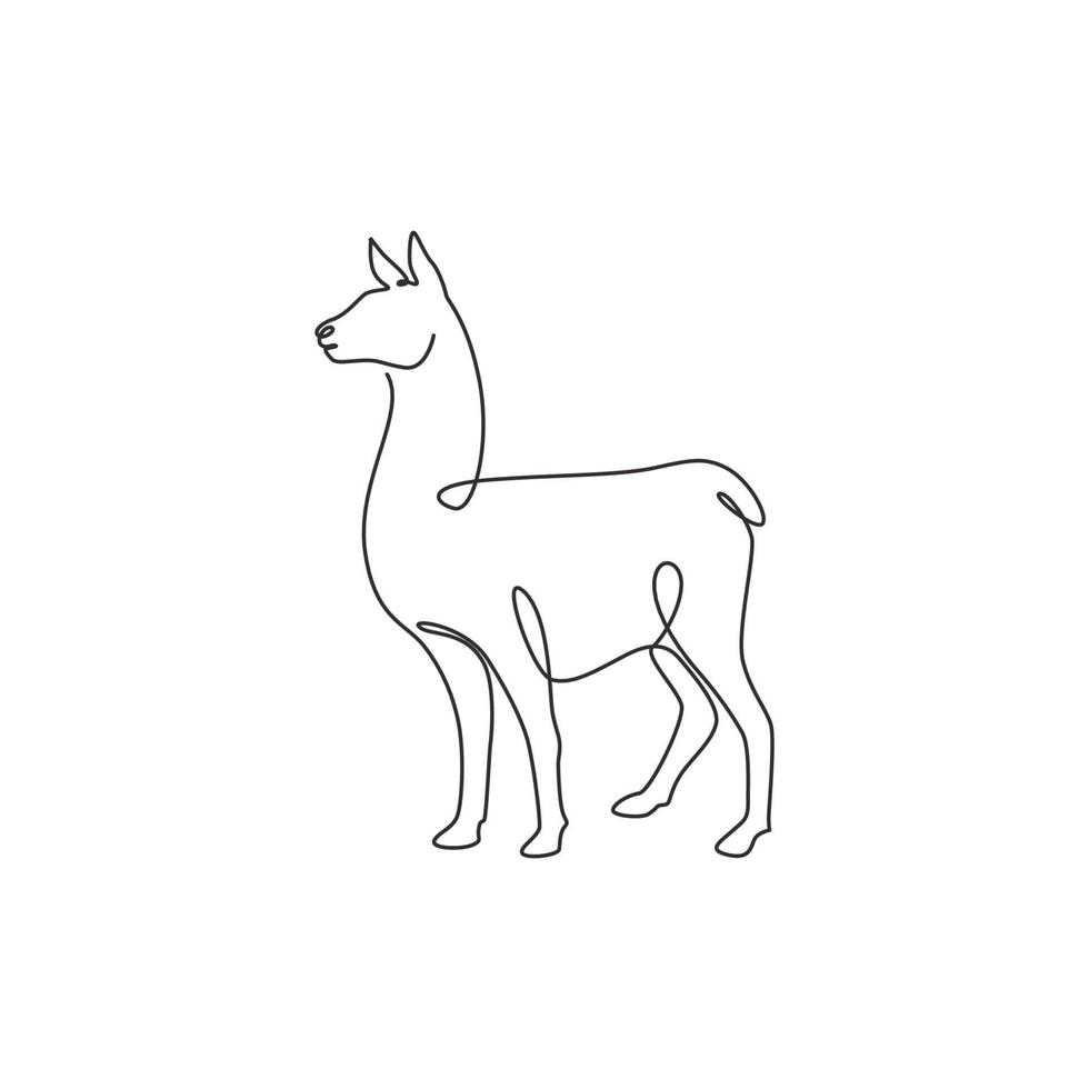 enda kontinuerlig linjeritning av söt alpacka för företagets logotypidentitet. berg lama maskot koncept för national conservation park ikon. modern en rad grafisk rita design vektorillustration vektor