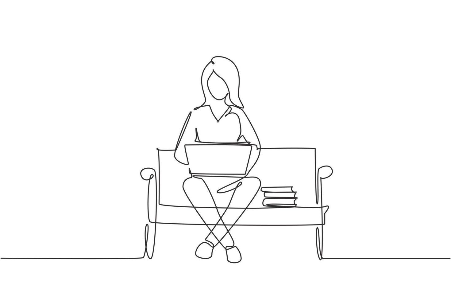 kontinuerlig en rad ritning ung flicka med laptop sitter på parkbänken. frilans, distansutbildning, onlinekurser och studiekoncept. enda rad rita design vektorgrafisk illustration vektor