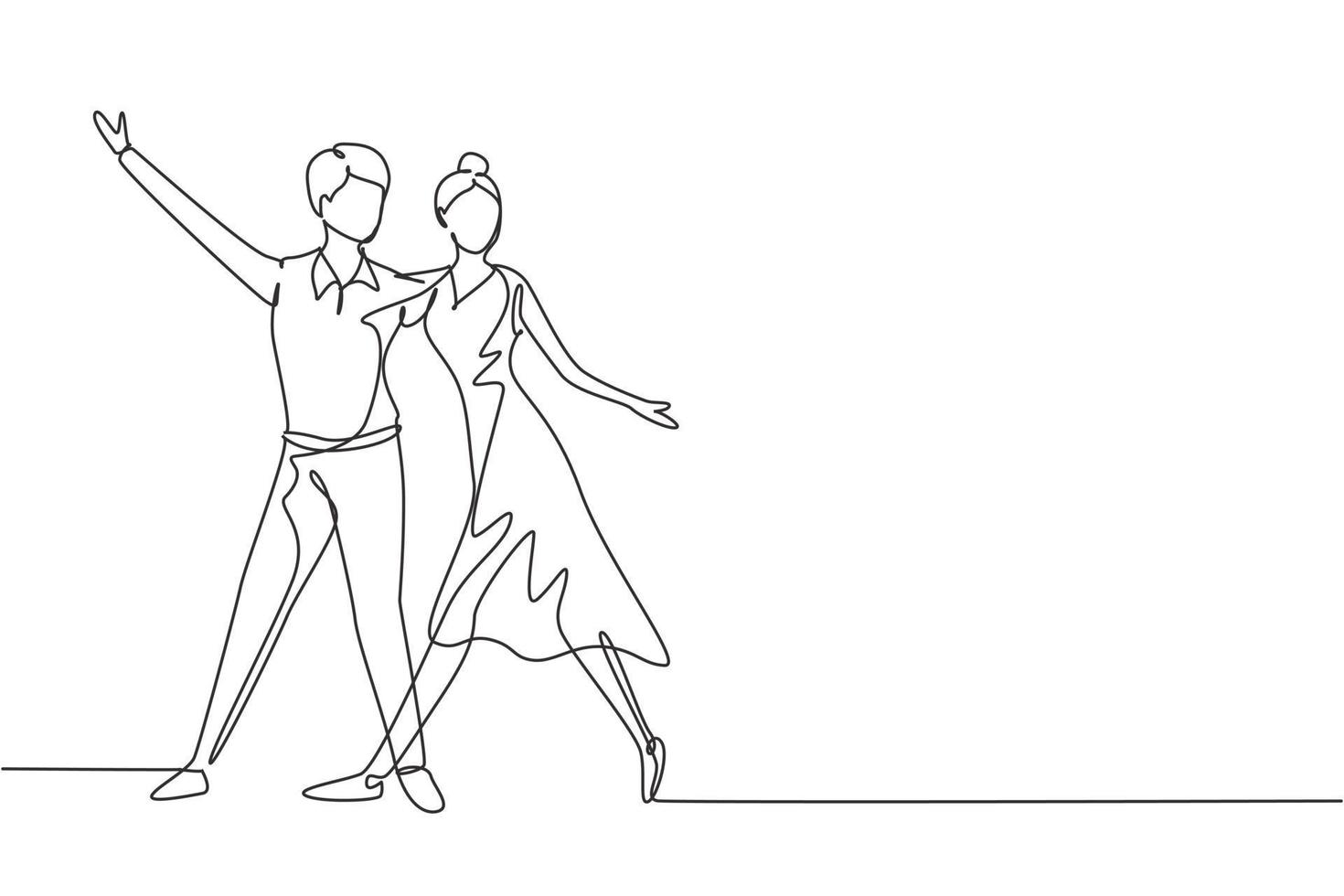 kontinuerlig en rad ritning manliga kvinnliga professionella dansare par dansar tango, vals dansar tillsammans på dans tävling dansgolv. rolig aktivitet. enda rad rita design vektorgrafisk illustration vektor