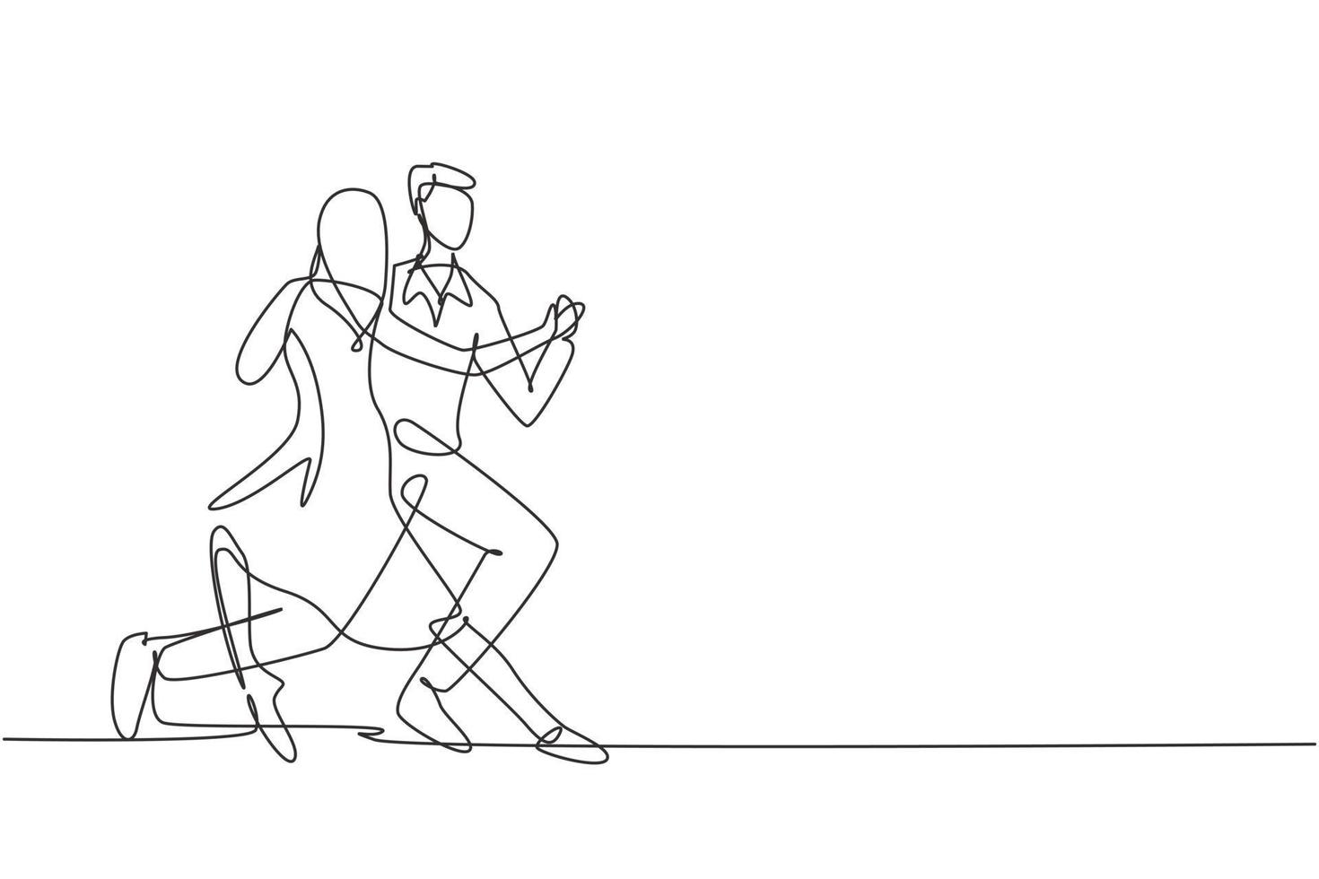 enda kontinuerlig linjeteckning människor som dansar salsa. par, man och kvinna i dans. danspar med vals tango och salsa stilar moves. dynamisk en rad rita grafisk design vektorillustration vektor