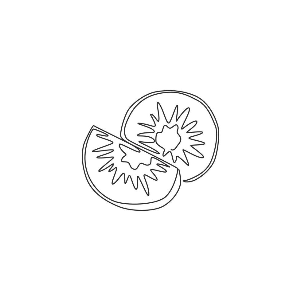 Eine einzige Linie, die halb geschnittene gesunde Bio-Kiwi für die Identität des Obstgartenlogos zeichnet. Frisches haariges Fruchtkonzept für Obstgartensymbol. moderne durchgehende Linie zeichnen Design-Vektorgrafik-Illustration vektor