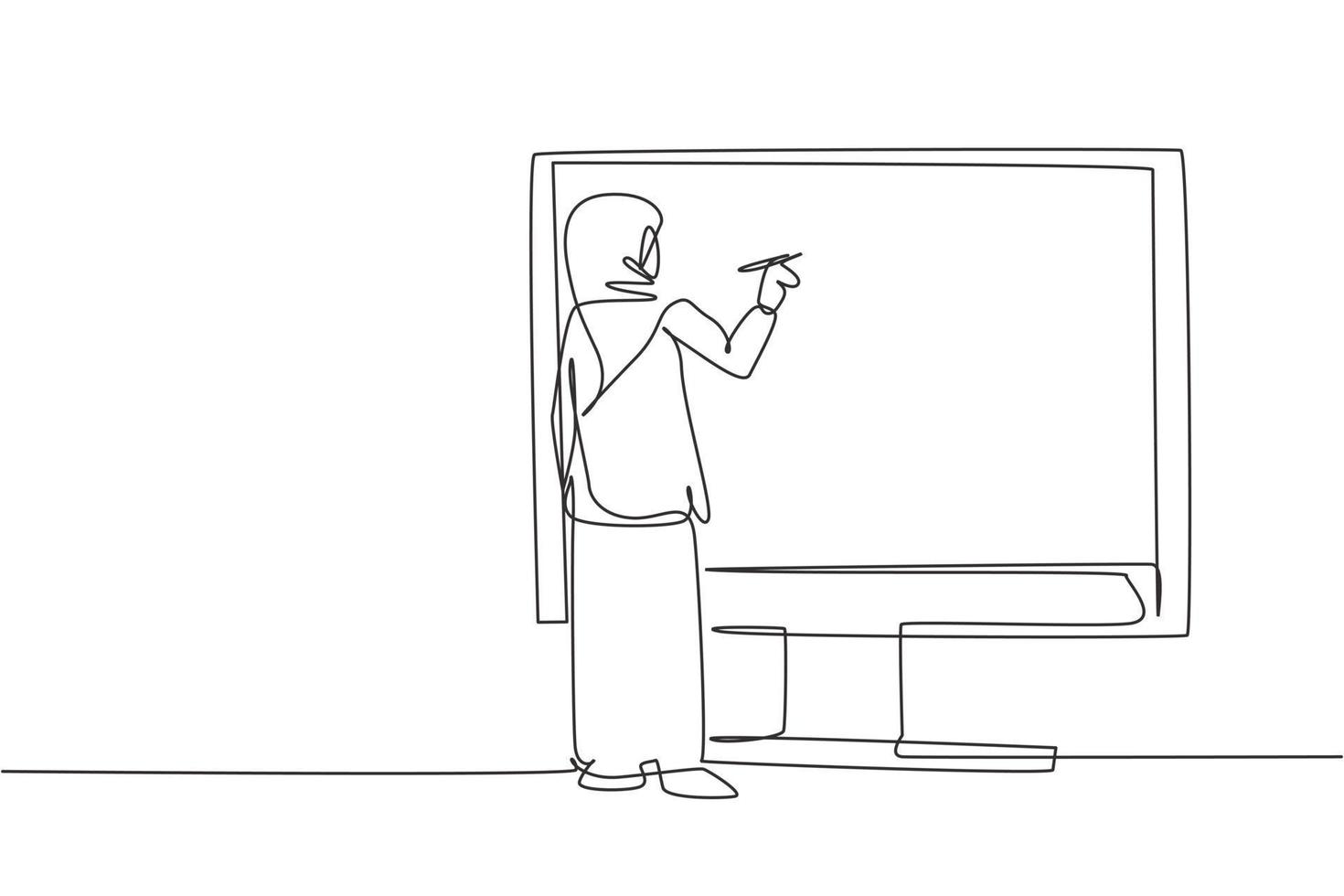 einzelne einzeilige Zeichnung arabische Schülerin der Junior High School, die auf einem riesigen Bildschirm schreibt, als würde sie auf einem Whiteboard schreiben. moderne durchgehende Linie zeichnen Design-Grafik-Vektor-Illustration vektor