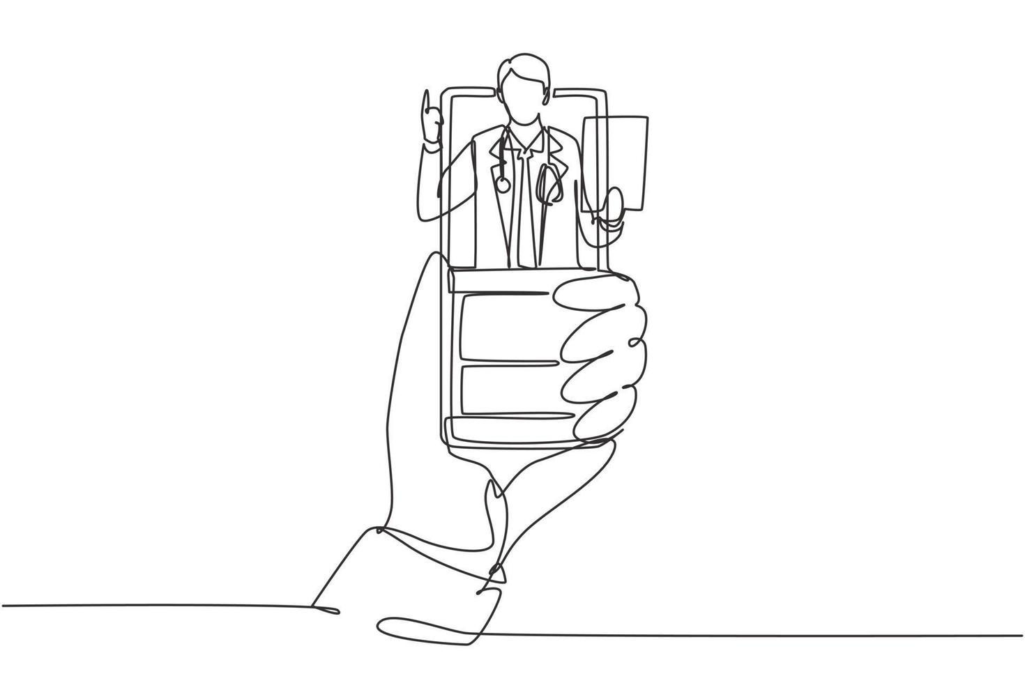 kontinuerlig en rad ritning hand som håller smartphone och det finns en manlig läkare som kommer ut från smartphoneskärmen som håller urklipp. online konsultation koncept. en rad rita design vektorgrafik vektor