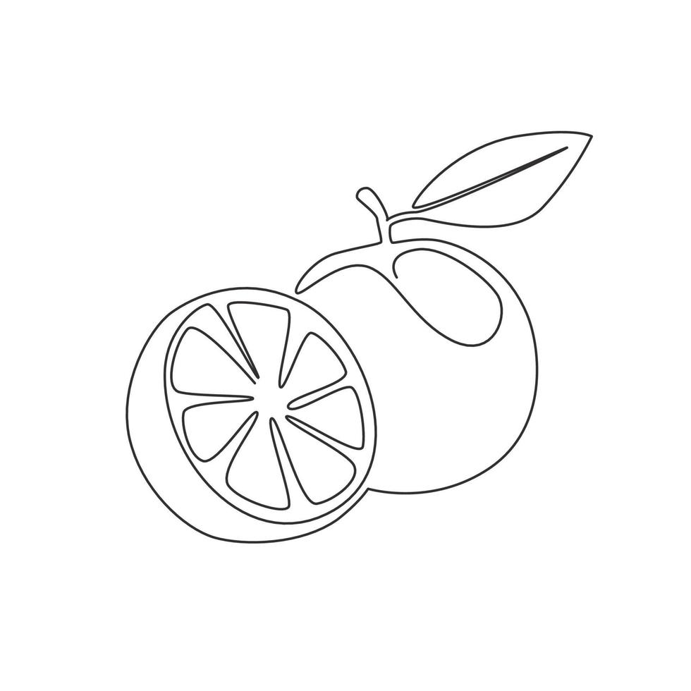 enda en rad ritning skivad hälsosam ekologisk apelsin för fruktträdgårdslogotyp identitet. färsk tropisk fruktkoncept för fruktträdgårdsikon. modern kontinuerlig linje grafisk rita design vektorillustration vektor