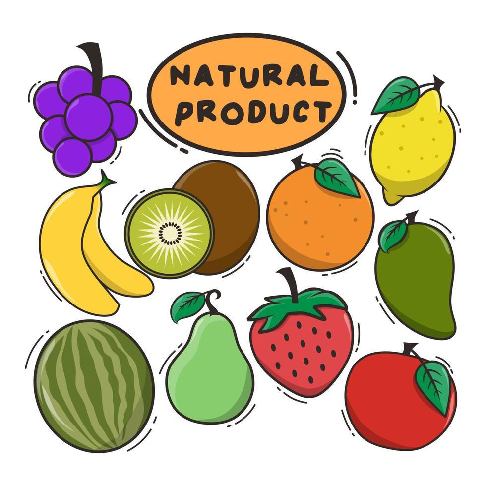 illustration vektor av frukter, frukt bunt, naturprodukter, hälsosam mat. äpple banan apelsin citron platt design, tecknade frukter