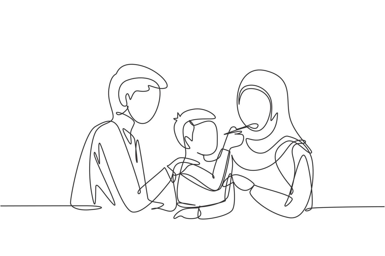 einzelne eine linie, die arabische familie zeichnet, die zusammen spaß im modernen restaurant hat. Junge füttert seine Mutter mit Liebe. glückliches kleines Familienkonzept. durchgehende Linie zeichnen Design-Grafik-Vektor-Illustration vektor