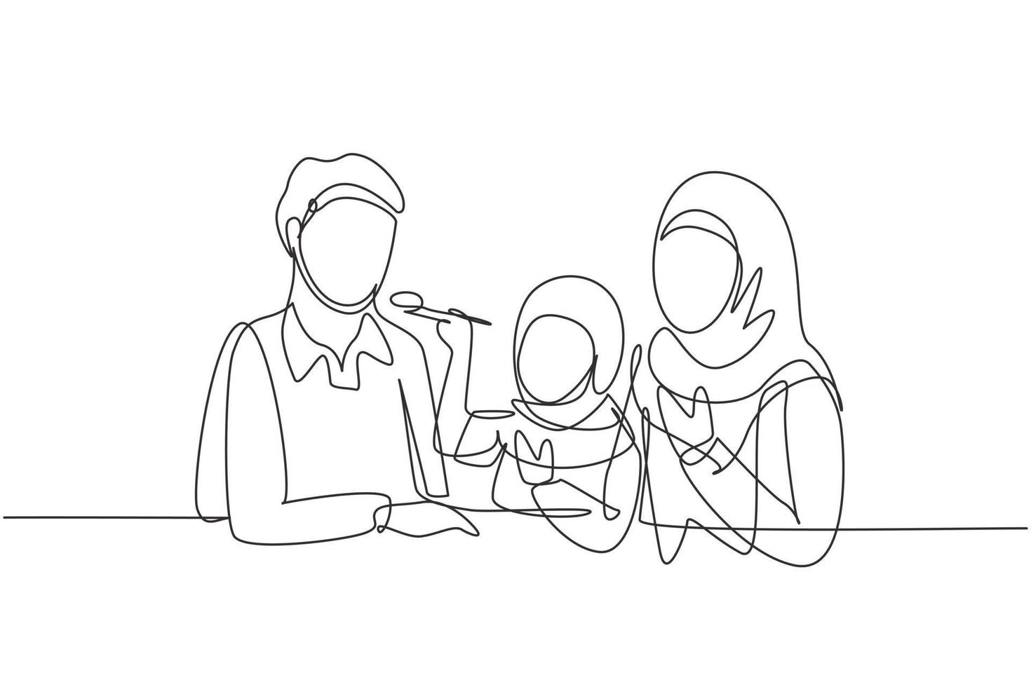 Kontinuierliche eine Linie zeichnende arabische Familie, die zusammen Spaß im modernen Restaurant hat. Tochter füttert ihren Vater mit Liebe. glückliches kleines Familienkonzept. Einzeilige Zeichnung Design Vektorgrafik Illustration vektor