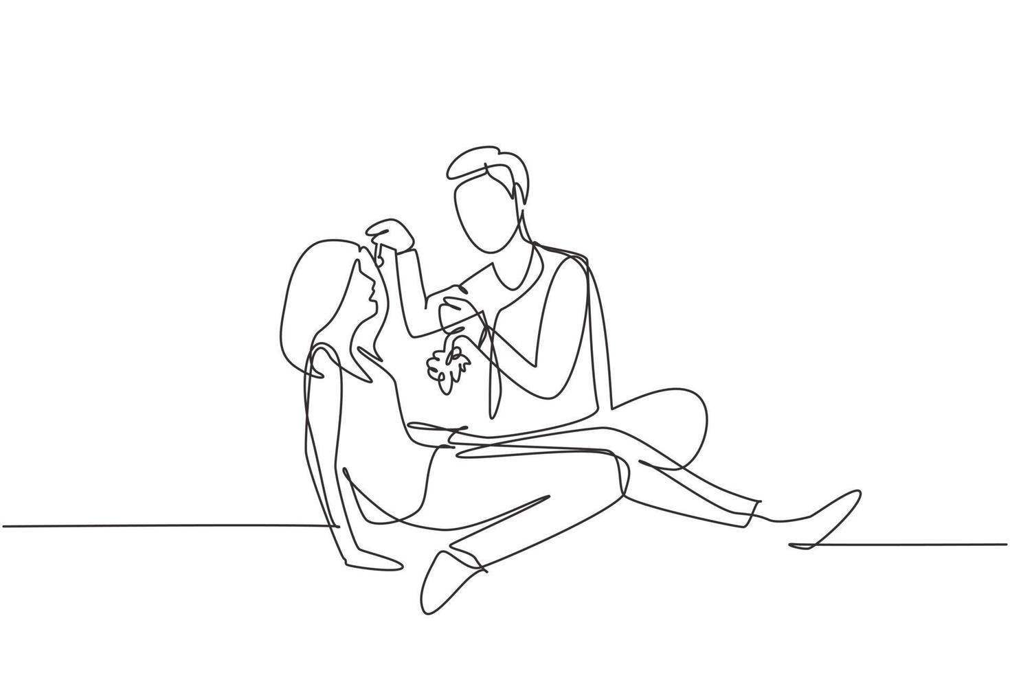 kontinuierliche eine linie, die romantisches paar mit picknick im sommerpark zeichnet. Entspannen zusammen auf dem Boden sitzend und Männer, die Frauen Trauben füttern. Einzeilige Zeichnung Design Vektorgrafik Illustration vektor