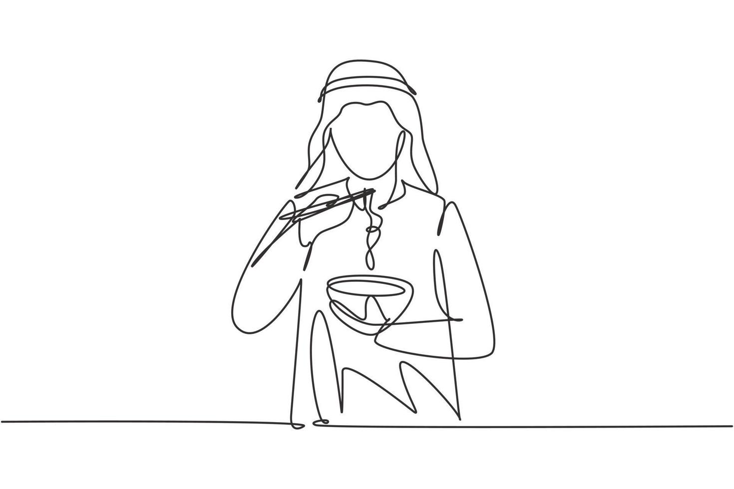 enda en rad ritning ung arabisk man med nudlar måltid med ätpinnar runt bordet. njut av lunch när du är hungrig. utsökt och hälsosam mat. kontinuerlig linje rita design grafisk vektorillustration vektor