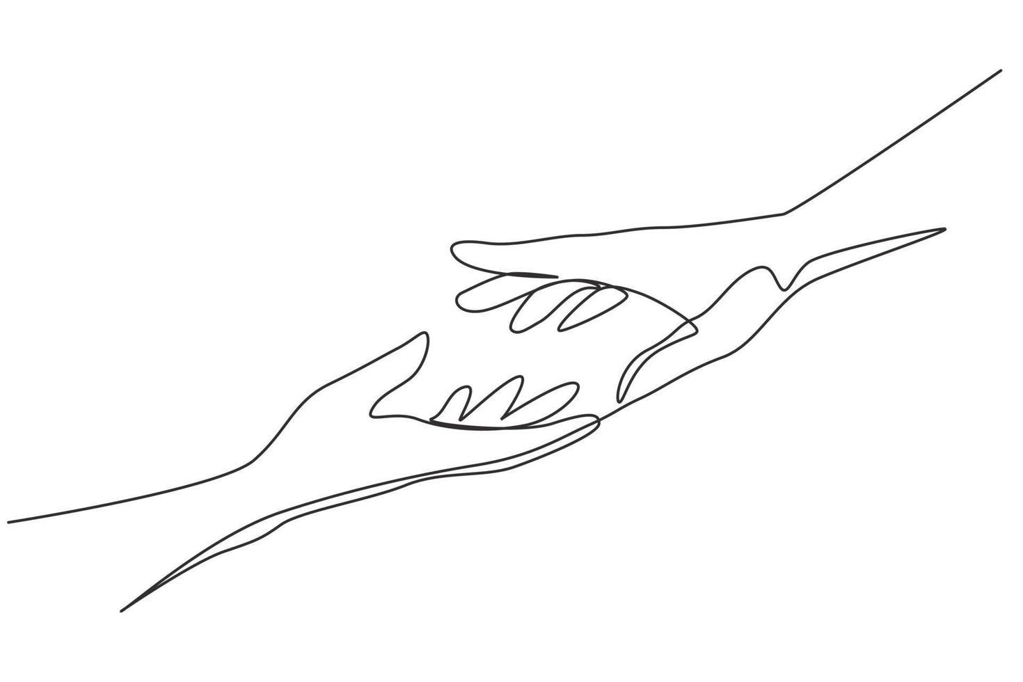 kontinuerlig en rad som ritar två händer som sträcker sig efter varandra. tecken eller symbol för kärlek, hopp, omtanke, hjälp. kommunikation med handgester en rad rita design vektorgrafisk illustration vektor