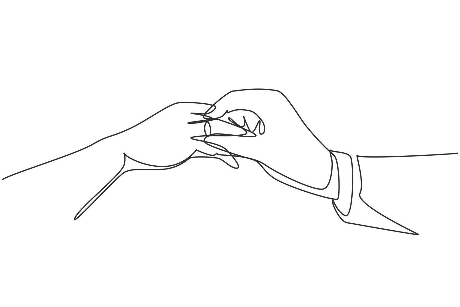 kontinuerlig en rad ritning brudgum sätta ring på brudens finger under bröllopsceremonin. brudparet avger lojalitetslöfte på sin bröllopsdag. enda rad rita design vektorgrafisk illustration vektor