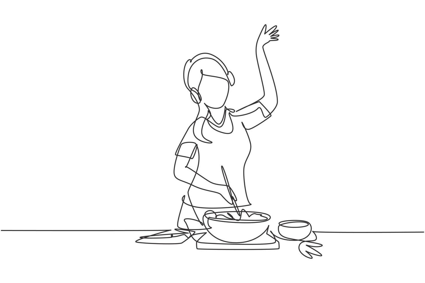 einzelne durchgehende Linie, die junge Frau kocht und Musik in der Küche hört. gesunde lebensmittelillustration. gesundes Lebensstilkonzept. zu Hause kochen. Essen zubereiten. Grafikdesign mit einer Linie zeichnen vektor