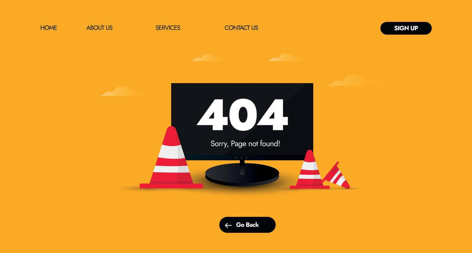 404 fel. fel 404 på svart skärm omslag baner, webb sida mall med röd trafik koner med orange bakgrund. systemet fel, bruten sida mall för hemsida. vektor