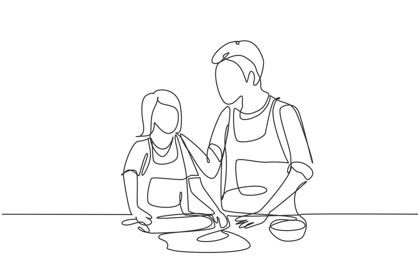 Single-Line-Zeichnung glücklicher Vater und Tochter mit Schürze kochen in der Küche. gemeinsam zu Hause Kuchenteig kneten oder backen. moderne durchgehende Linie zeichnen Design-Grafik-Vektor-Illustration vektor