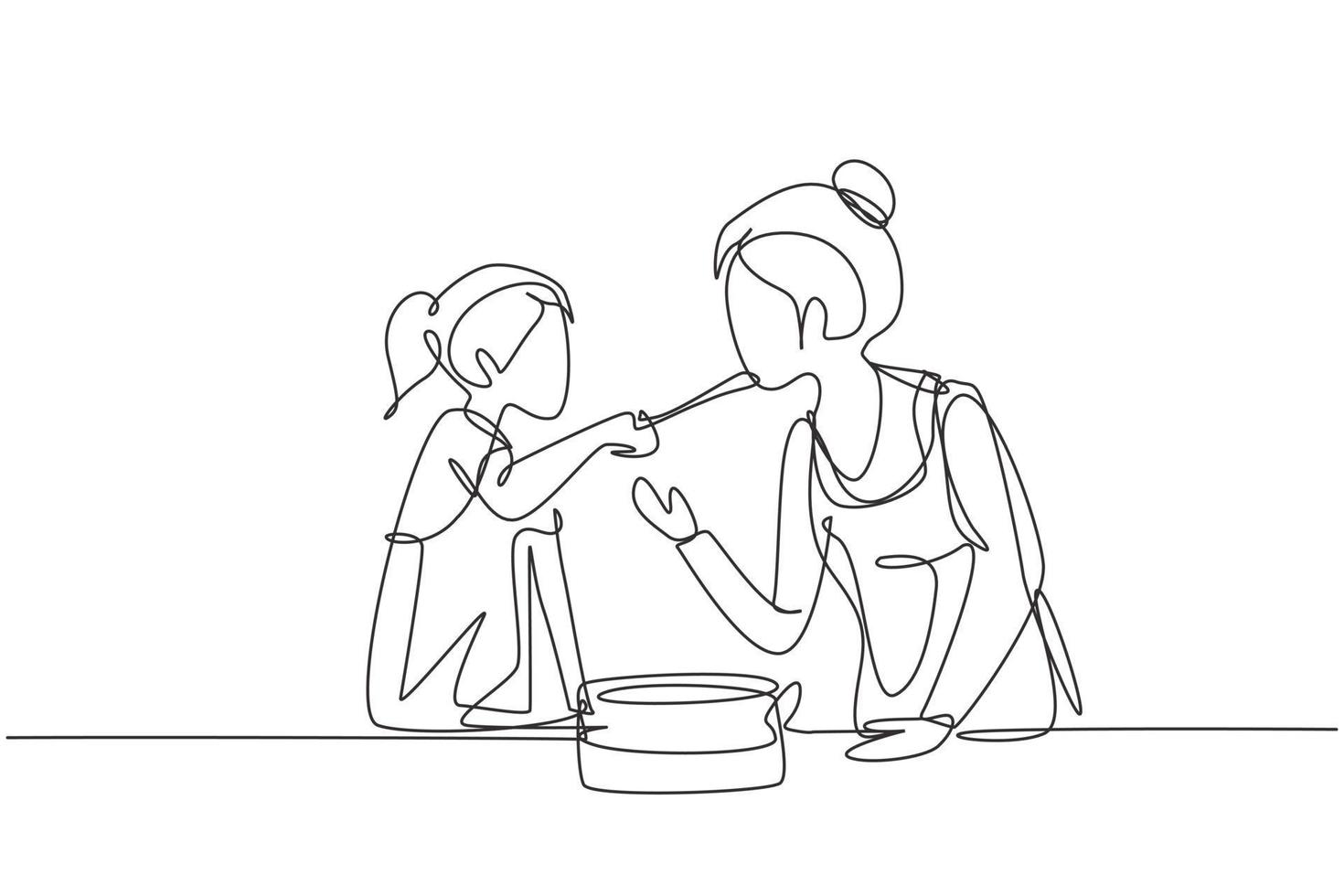 Single One-Line-Zeichnung glückliche Mutter, die Essen von ihrer schönen Tochter verkostet. gemeinsames Mittagessen in der gemütlichen Küche zu Hause kochen. moderne durchgehende Linie zeichnen Design-Grafik-Vektor-Illustration vektor