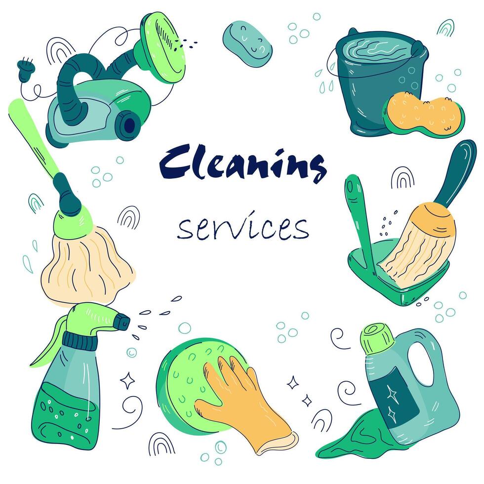 rengöring tjänster kort eller baner design med olika tvättning verktyg i klotter stil. rengöring företag annons. vektor