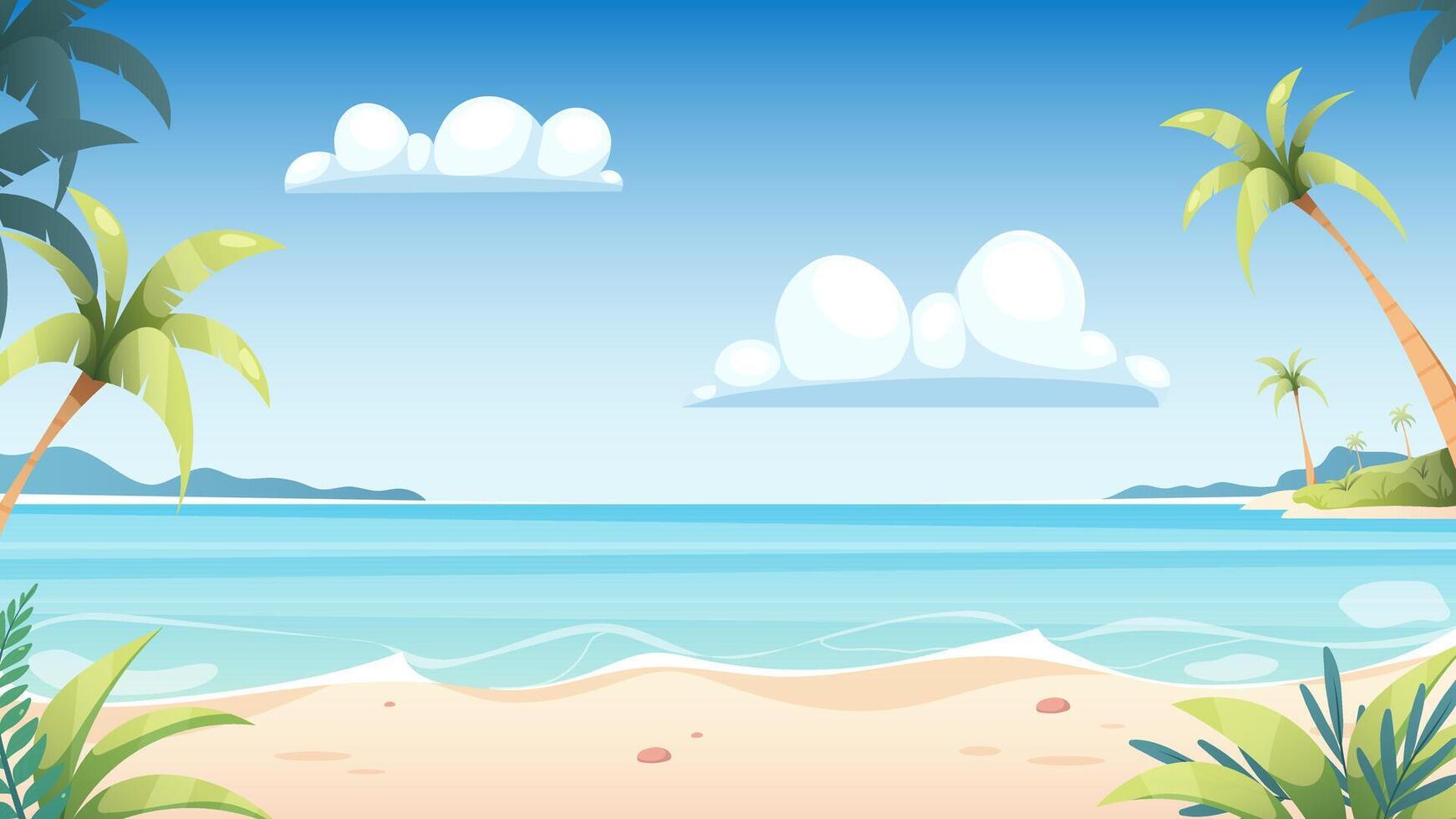 hav och sandig strand med handflatan träd. tecknad serie bakgrund, sommar illustration vektor