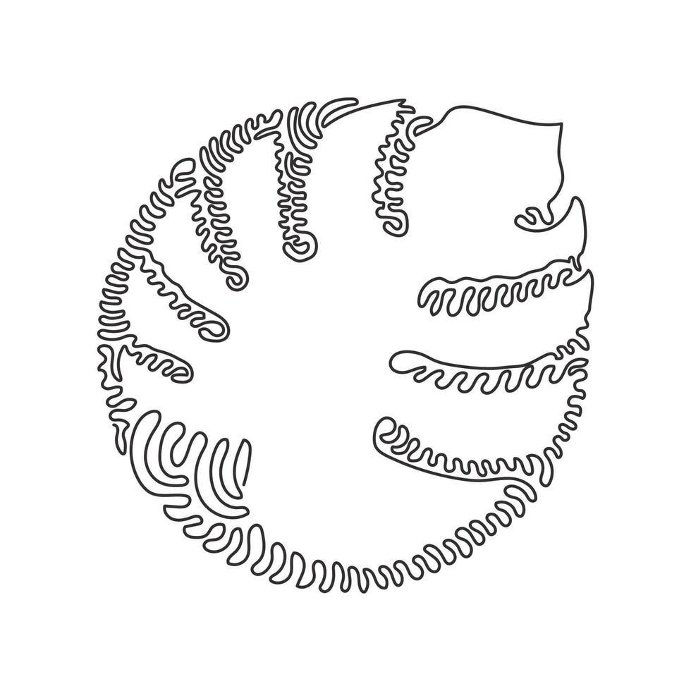 kontinuerlig en rad ritning exotiska tropiska löv monstera växt. utskrivbar dekorativ krukväxt för hem väggdekor affisch prydnad. swirl curl cirkel bakgrundsstil. enda rad rita design vektor