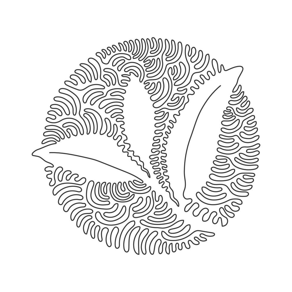 enda kontinuerlig linjeteckning av hälsosamma ekologiska teblad för plantagelogotypidentitet. färsk anbud knopp av te skjuta för teblad ikon. swirl curl cirkel bakgrundsstil. en linje rita design vektor