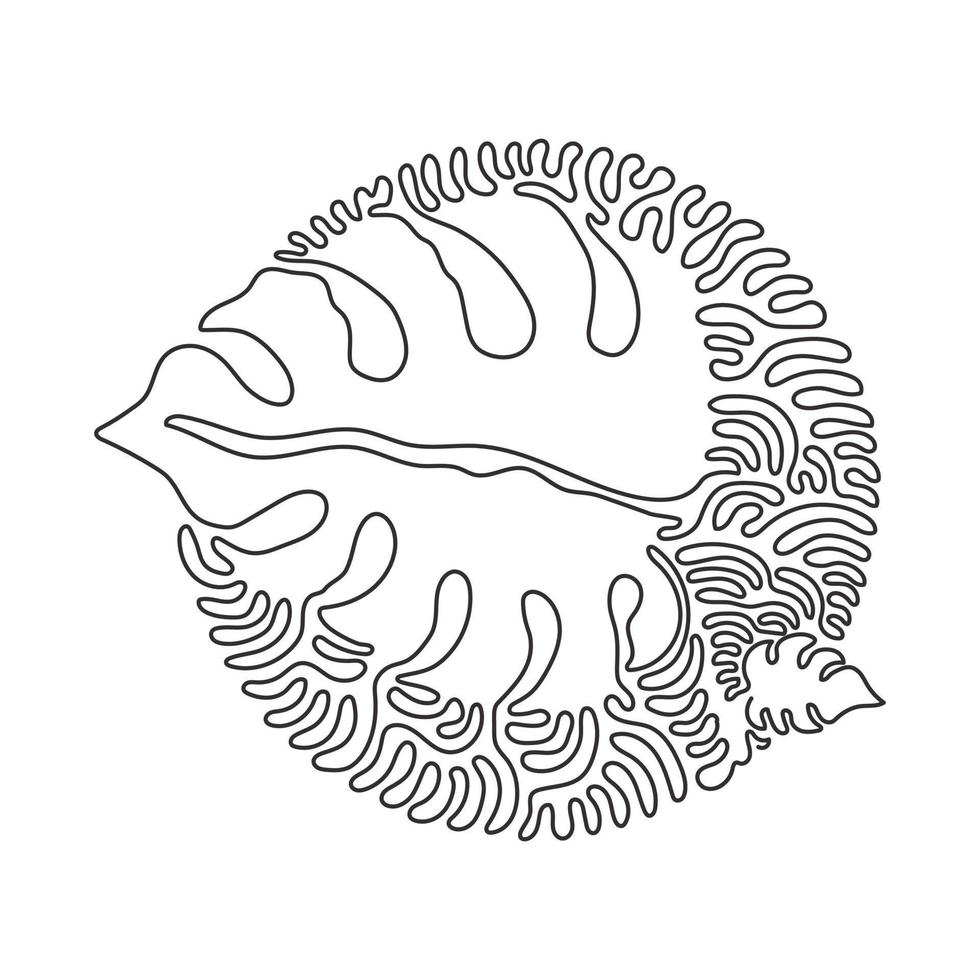 enda kontinuerlig linjeteckning minimal monstera leaf. botanik stilkoncept för affischer, väggkonst, tygväska, t-shirt, klistermärketryck. swirl curl cirkel bakgrundsstil. en linje rita design vektor