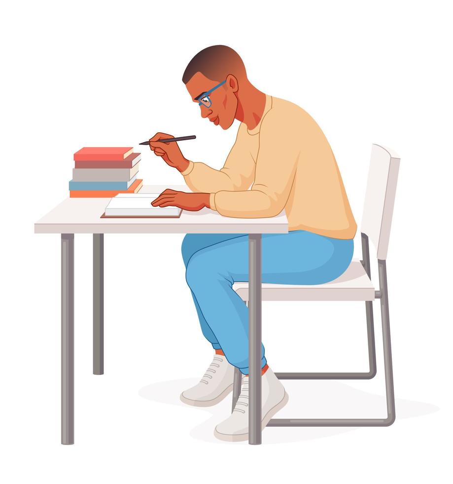 afrikansk amerikansk student sitter vid skrivbordet och läser en bok. fokuserad ung man som studerar och förbereder sig för tentor. vektor illustration isolerad på vit bakgrund.