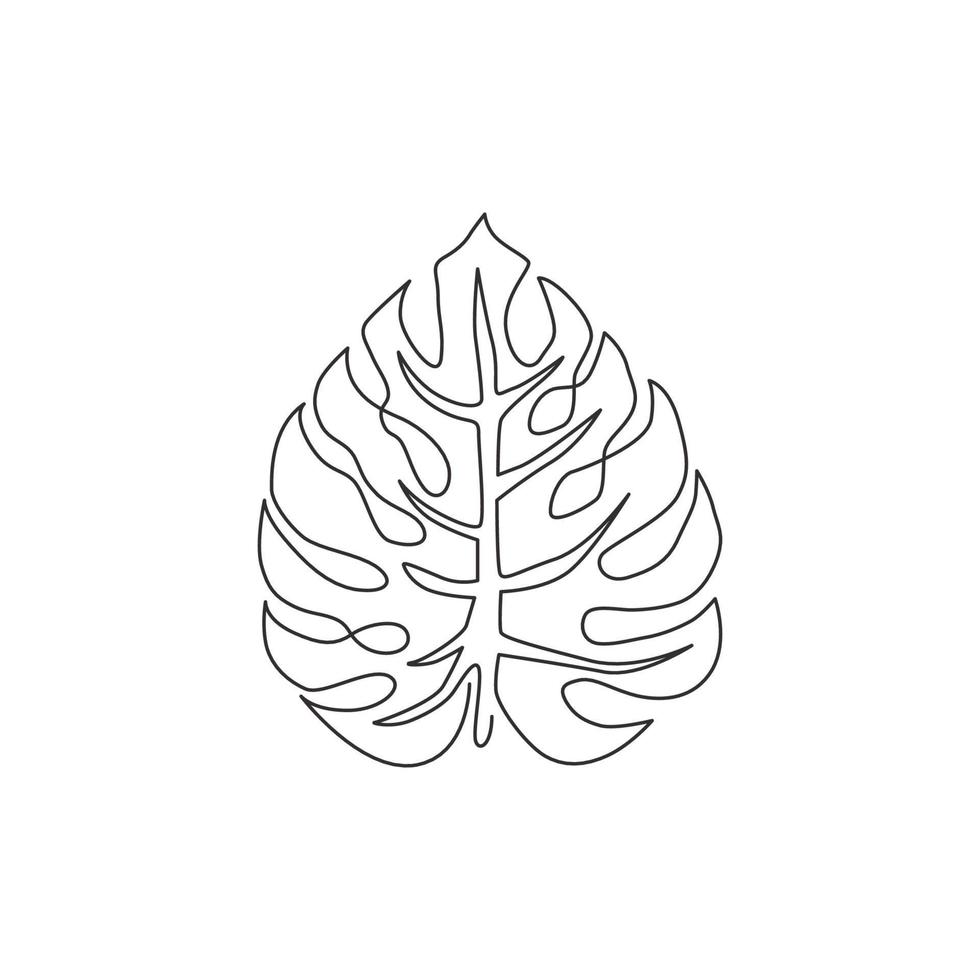 enda kontinuerlig linjeteckning exotiska tropiska löv monstera växt. utskrivbart dekorativt krukväxtkoncept för hemväggsdekoration affischprydnad. moderna en rad rita design vektorgrafisk illustration vektor