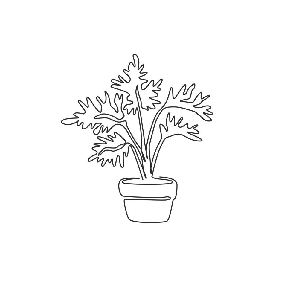 enda kontinuerlig linjeteckning krukväxt söt tropisk blad växt. utskrivbar krukväxt philodendron selloum-koncept för hemväggsdekoration. moderna en rad rita design grafisk vektorillustration vektor