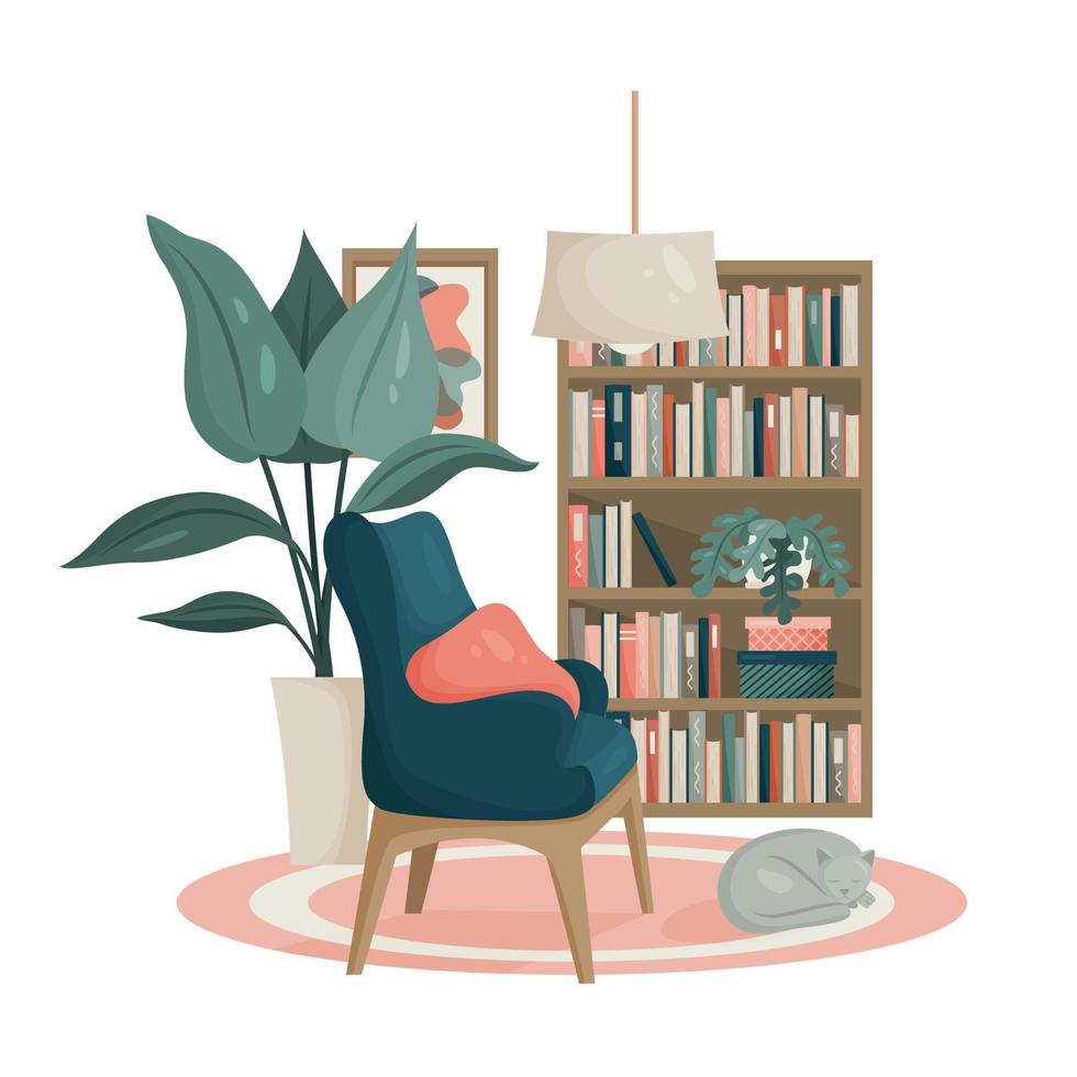 das Interieur des Wohnzimmers im skandinavischen Stil. die Boho-Palette. Sessel, Bücherregal, Zimmerblumen. die Katze schläft auf dem Teppich. Vektor. vektor